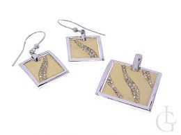komplet biżuterii srebrnej pozłacanej kolczyki kwadratowe i wisiorek kwadrat cyrkonie