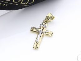 Złoty krzyżyk pr.0,585 z wizerunkiem Pana Jezusa z białego złota prezent na Komunię świętą, Chrzest, Bierzmowanie