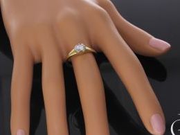złoty pierścionek zaręczynowy z cyrkoniami nowoczesny wzór złoto żółte próba 0.585 pierścionek na palcu ręce realne zdjęcie