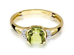 pierścionek zaręczynowy z oliwinem naturalnym zielony kamień brylanty diamenty złoto żółte klasyczne próba 0.585