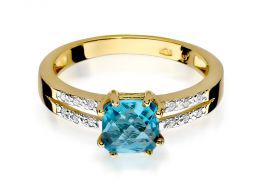 złoty pierścionek zaręczynowy z topazem topaz z brylantami diamentami na palcu na ręce złoto żółte próba 0.585 14ct nowoczesny wzór pierścionka