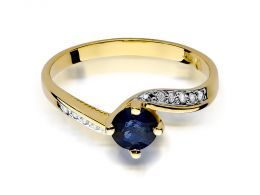 złoty pierścionek zaręczynowy z brylantami diamentami szafirem szafir na palcu na ręce złoto żółte próba 0.585 14ct nowoczesny wzór pierścionka