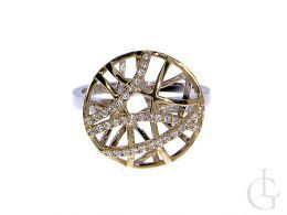 ekskluzywny złoty pierścionek ażurowy z cyrkoniami duża okrągła korona kółko koło złoto żółte białe realne zdjęcie w pudełku na ręce nowoczesny wzór