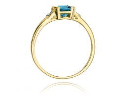 złoty pierścionek zaręczyny topaz naturalny kwadratowa korona brylanty diamenty złoto żółte próba 0.585 pierścionek na palcu realne zdjecie