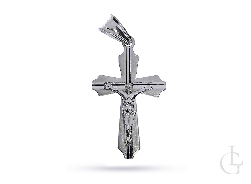 Krzyżyk ze srebra rodowanego pr.0,925 z wizerunkiem ukrzyżowanego Pana Jezusa