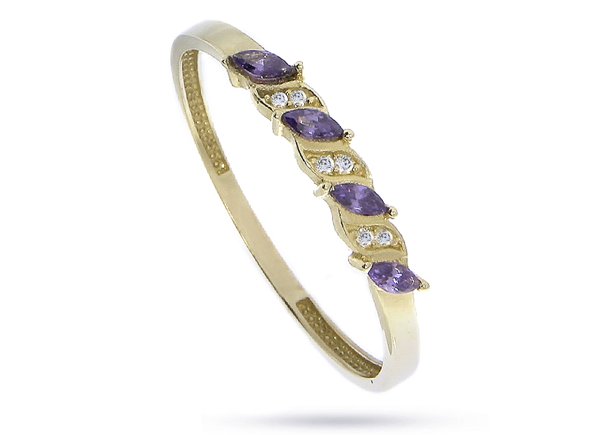 Złoty pierścionek zaręczynowy pr.0,585 z fioletowymi i klasycznymi cyrkoniami