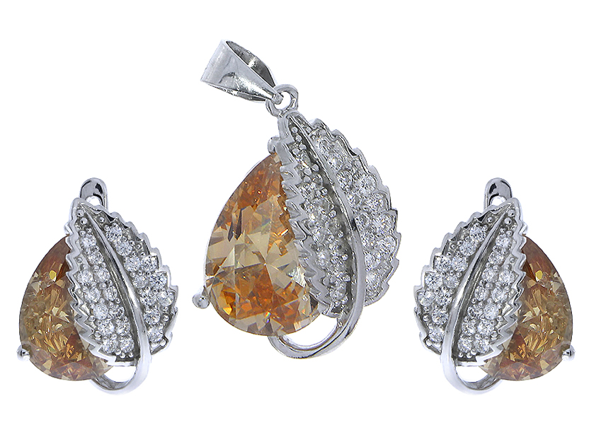Komplet biżuterii ze srebra rodowanego pr.0,925 z cyrkoniami w kolorze cytrynu i klasycznymi motyw liścia