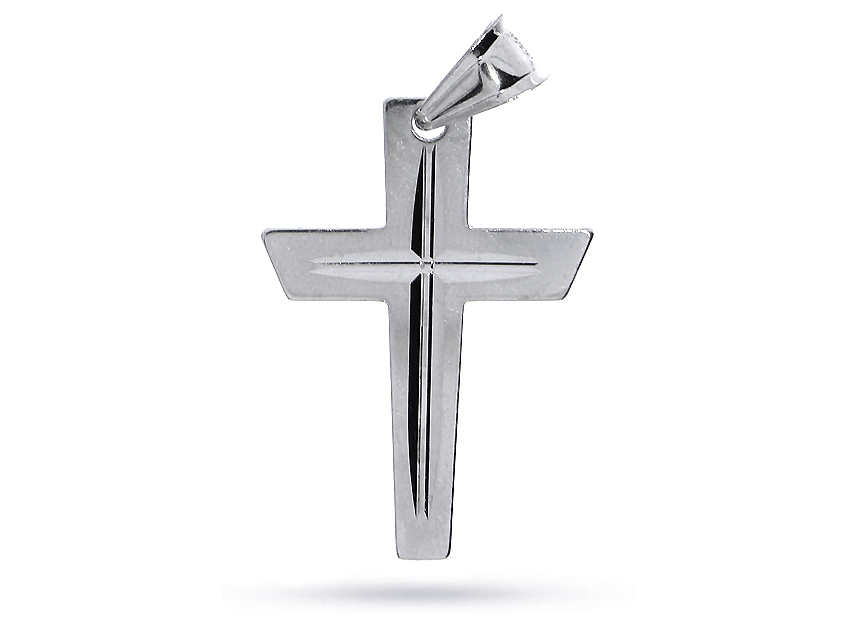 Krzyżyk ze srebra rodowanego pr.0,925 z diamentowanymi nacięciami Komunia święta Chrzest Bierzmowanie