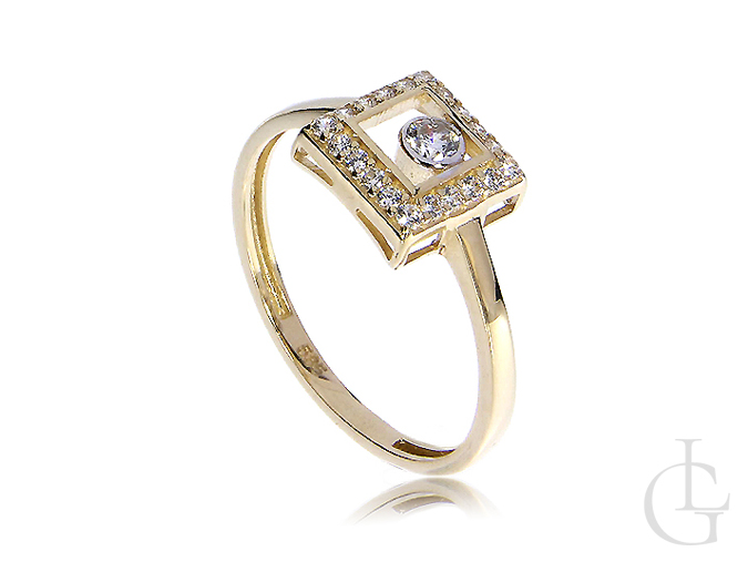 Złoty pierścionek zaręczyny kwadratowa korona cyrkonie złoto 14K