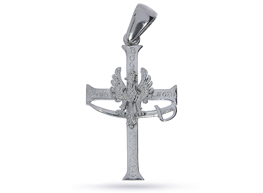 Krzyżyk ze srebra rodowanego pr.0,925 Bóg Honor Ojczyzna