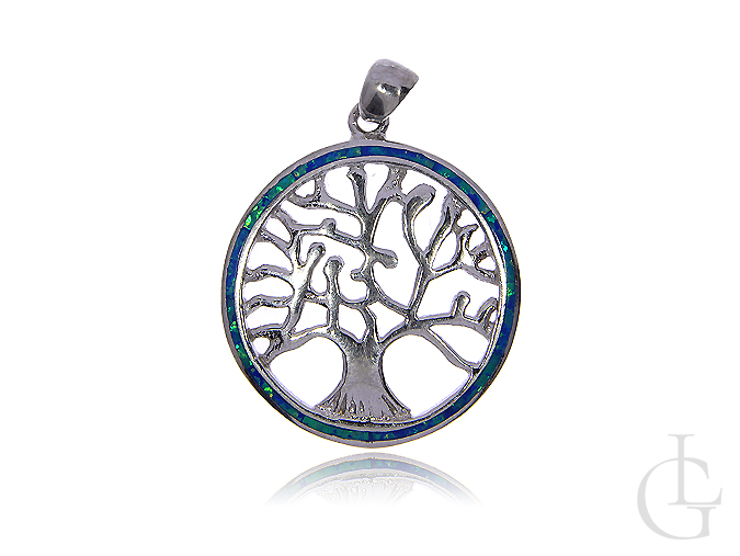 Drzewko szczęścia srebro rodowane pr.0,925 wisiorek z opalem błękitnym