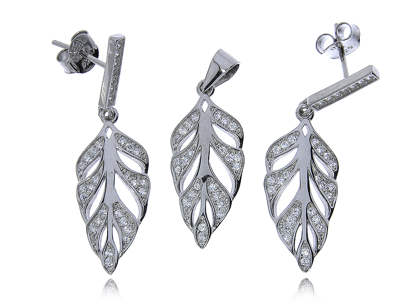 Komplet biżuterii ze srebra rodowanego pr.0,925 kolczyki i wisiorek liście