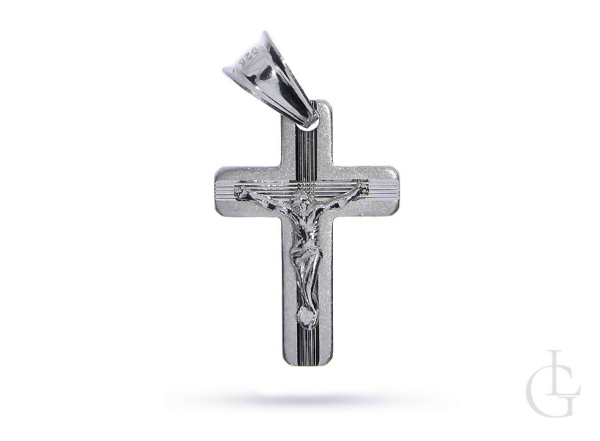 Malutki krzyżyk ze srebra rodowanego pr.0,925 z wizerunkiem Pana Jezusa