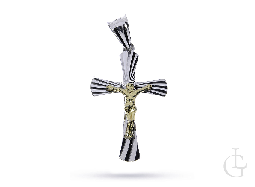 Krzyżyk ze srebra rodowanego pr.0,925 z wizerunkiem Pana Jezusa ze srebra pozłacanego