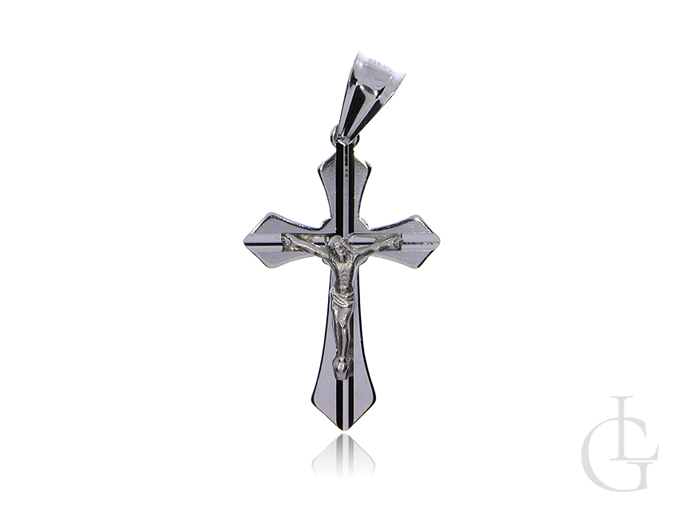 Krzyżyk ze srebra rodowanego pr.0,925 z wizerunkiem Jezusa ukrzyżowanego