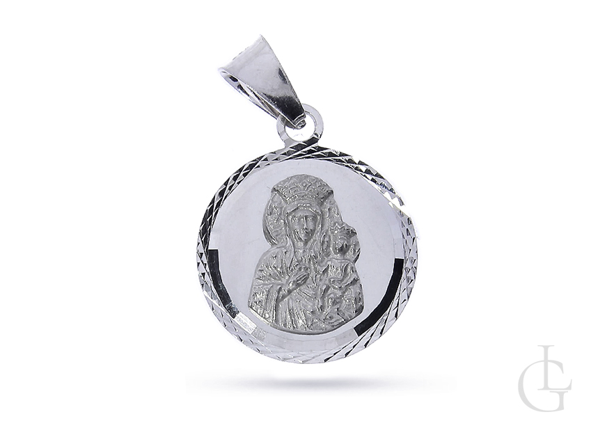 Okrągły medalik ze srebra rodowanego pr.0,925 z Matką Boską Częstochowską
