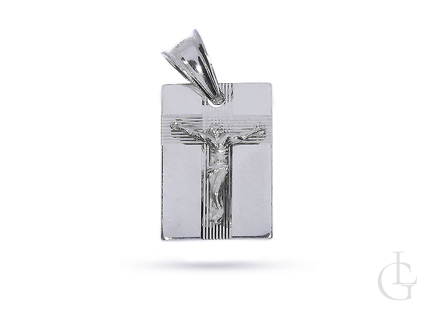 Blaszka ze srebra rodowanego pr.0,925 z wizerunkiem Pana Jezusa na krzyżu