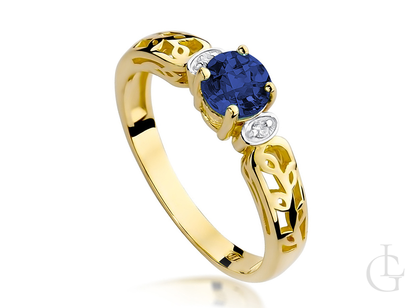Złoty pierścionek zaręczynowy z brylantami i szafirem