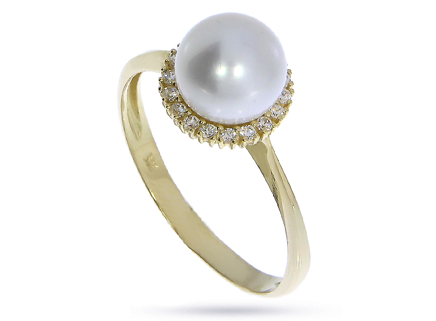 Złoty pierścionek zaręczynowy z perłą i cyrkoniami