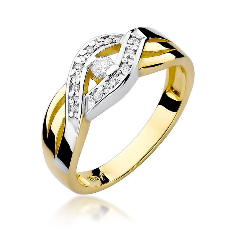 Przepiękny pierścionek ze złota pleciona obrączka pr.0,585 z brylantami