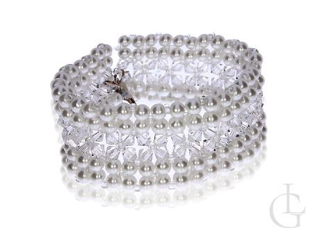 Szeroka bransoletka srebrna z perłami i kryształami Swarovskiego