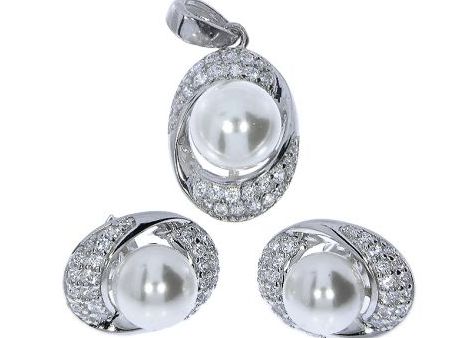 Komplet biżuterii ze srebra rodowanego pr.0,925 z cyrkoniami i perłami