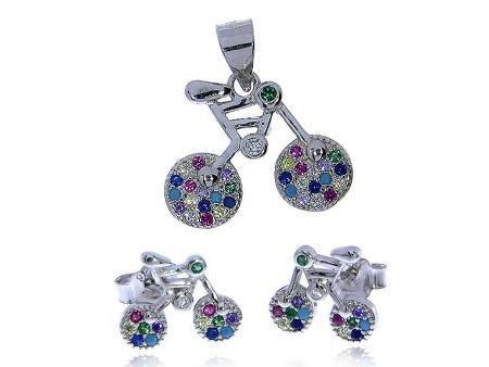 Komplet biżuterii ze srebra pr.0,925 rower z kolorowymi cyrkoniami kolczyki i wisiorek