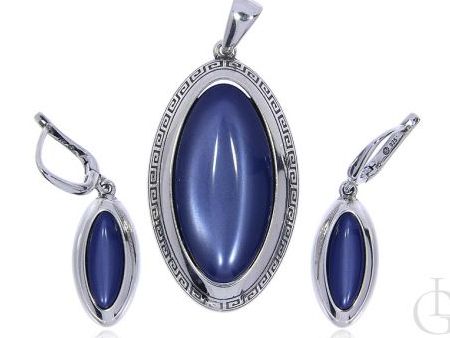 Srebrny komplet biżuterii z niebieskim kamieniem- Uleksit i greckim wzorem