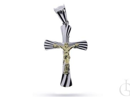 Krzyżyk ze srebra rodowanego pr.0,925 z wizerunkiem Pana Jezusa ze srebra pozłacanego