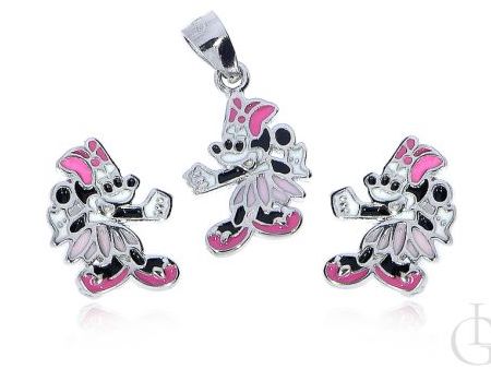 Komplet biżuterii dla dziewczynki kolczyki i wisiorek Myszka Miki, Mickey Mouse srebro rodowane pr.0,925