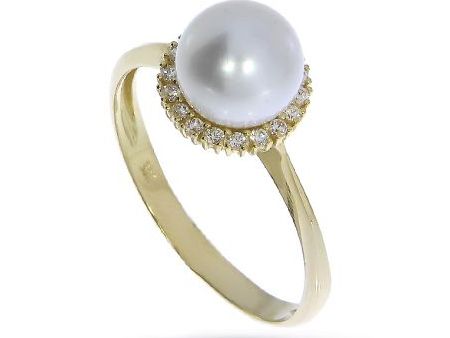 Złoty pierścionek zaręczynowy z perłą i cyrkoniami