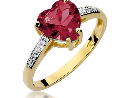 Piękny pierścionek z klasycznego złota pr.0,585 z rubinem w kształcie serca i brylantami